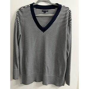 Tommy Hilfiger Womens Large Sweater White Blue Striped Long V-Neck Loose Fit‎